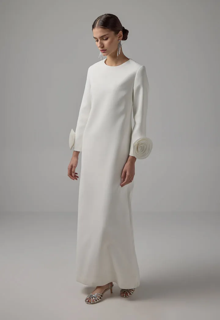 Choice Long Sleeves 3D Flowers Patch Maxi Dress Off White