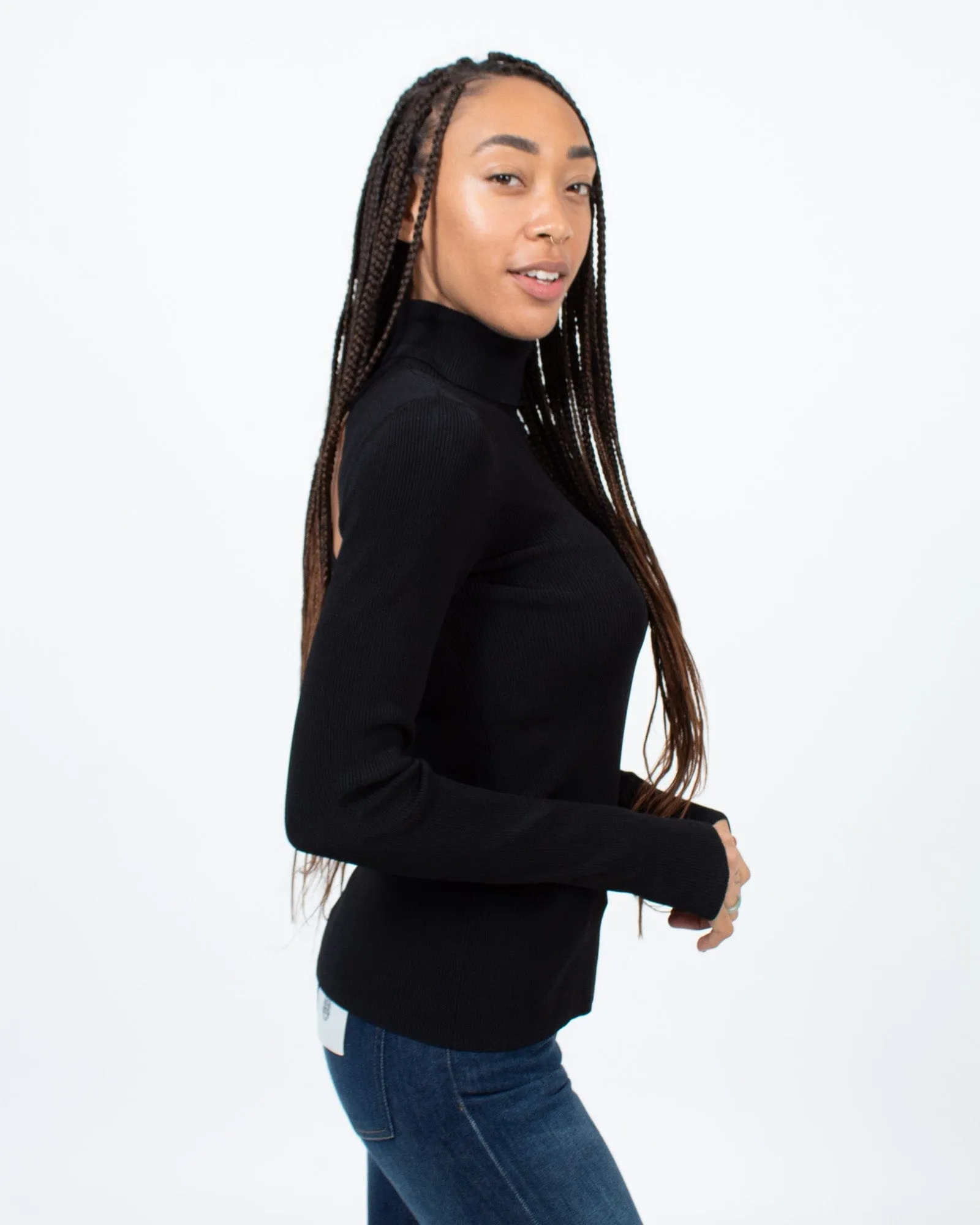 Cut Out Black Fitted Turtleneck Top