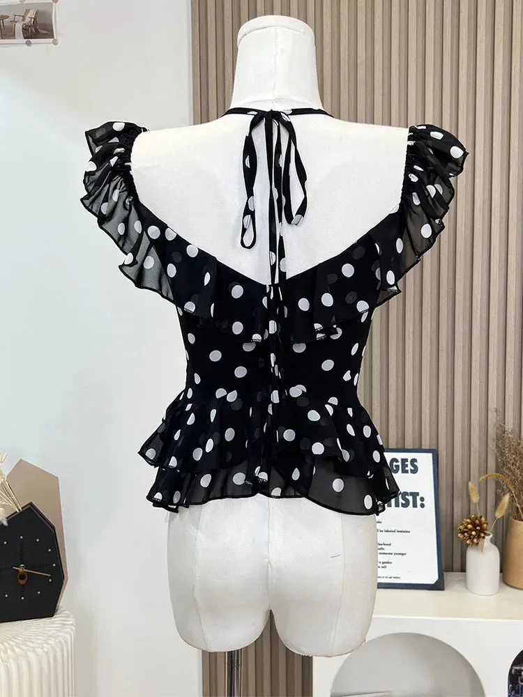 Girlary Summer 2024 New Design Women Polka Dot Butterfly Sleeve T-Shirts American Style Sexy Quality Halter Top Daily Cozy Gyaru Tees