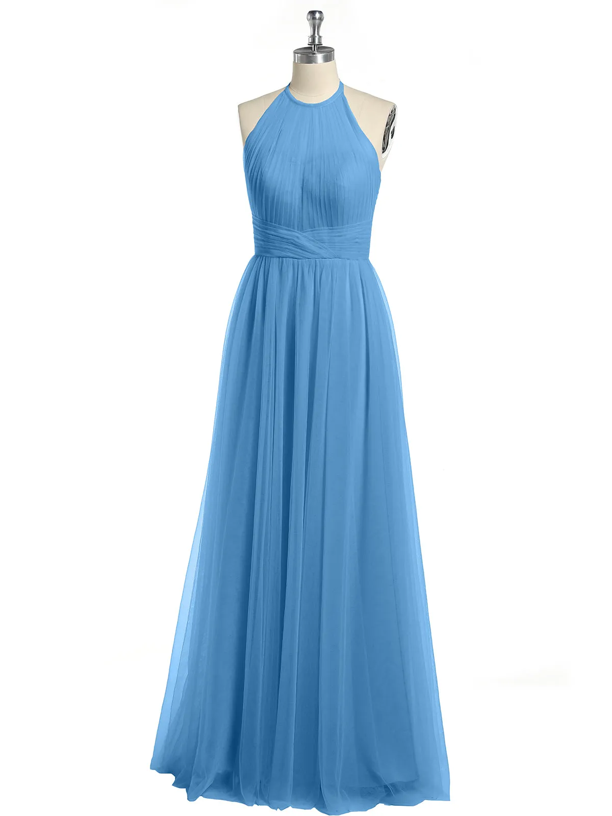 Illusion Neck Corss Waist Tulle Dresses-Blue
