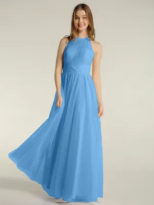 Illusion Neck Corss Waist Tulle Dresses-Blue