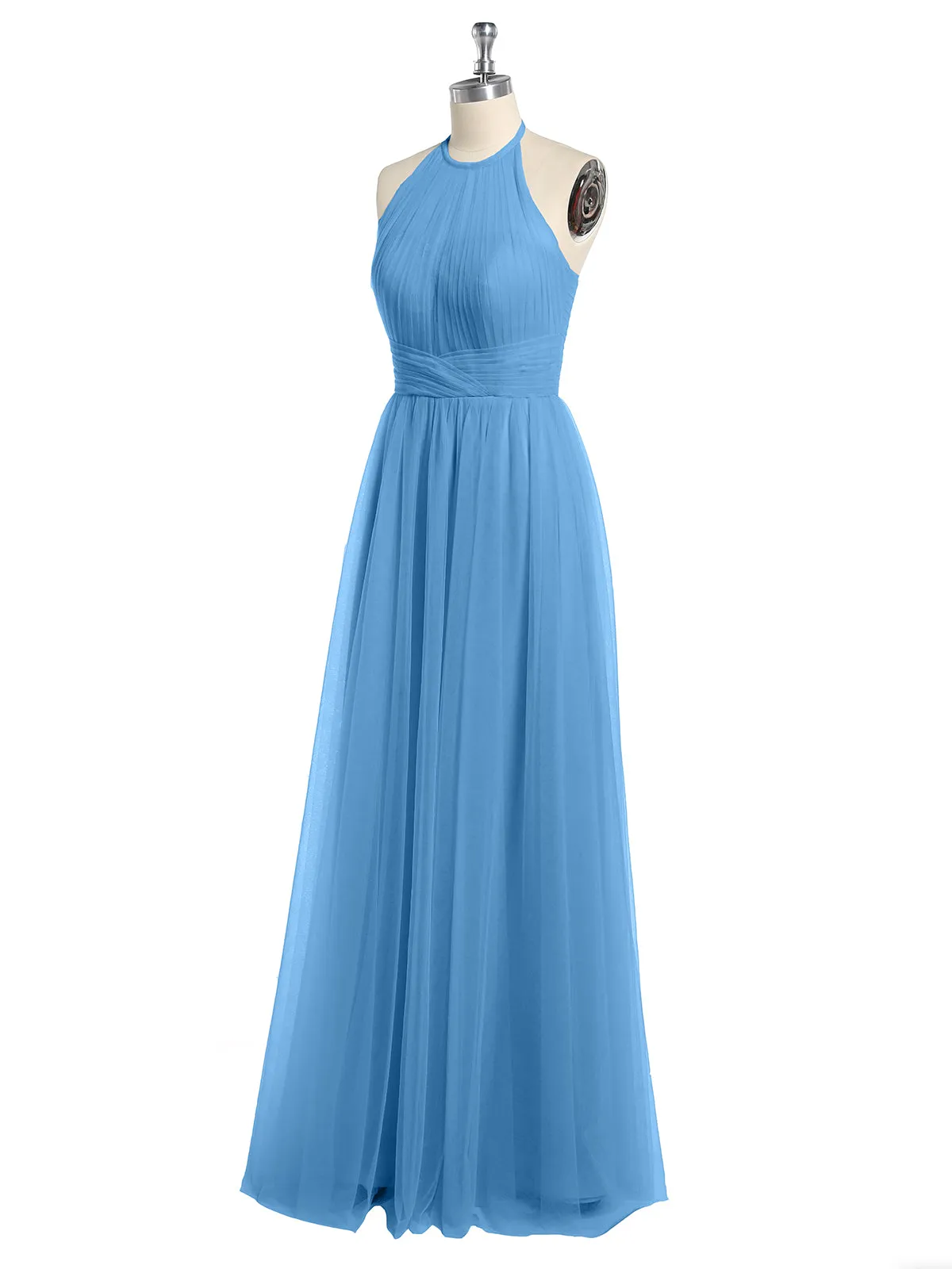 Illusion Neck Corss Waist Tulle Dresses-Blue