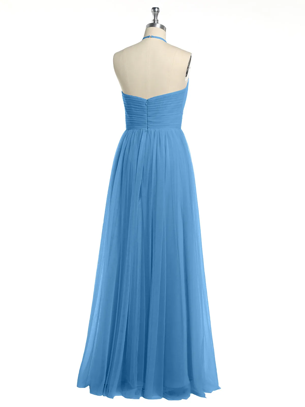 Illusion Neck Corss Waist Tulle Dresses-Blue