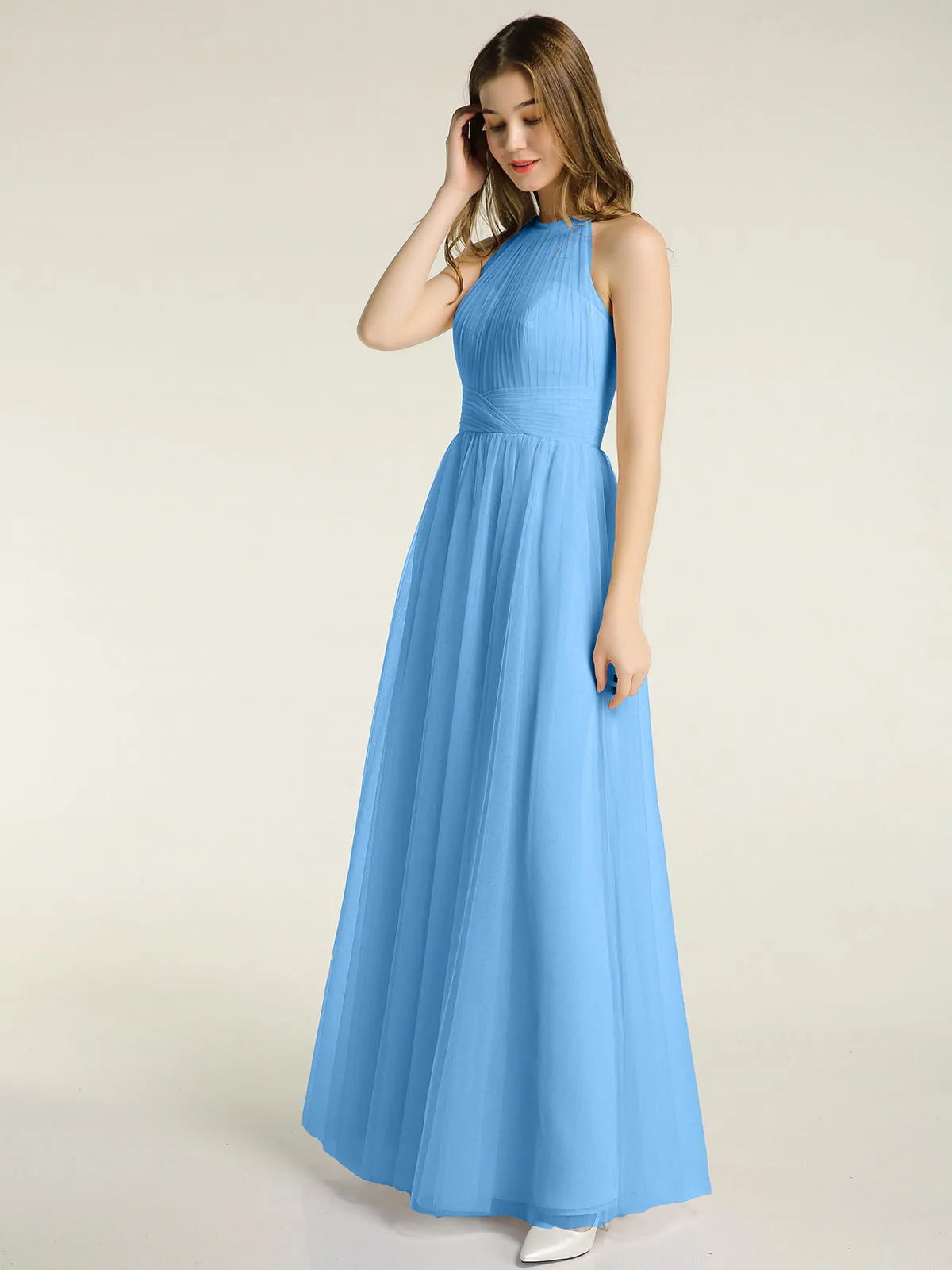 Illusion Neck Corss Waist Tulle Dresses-Blue