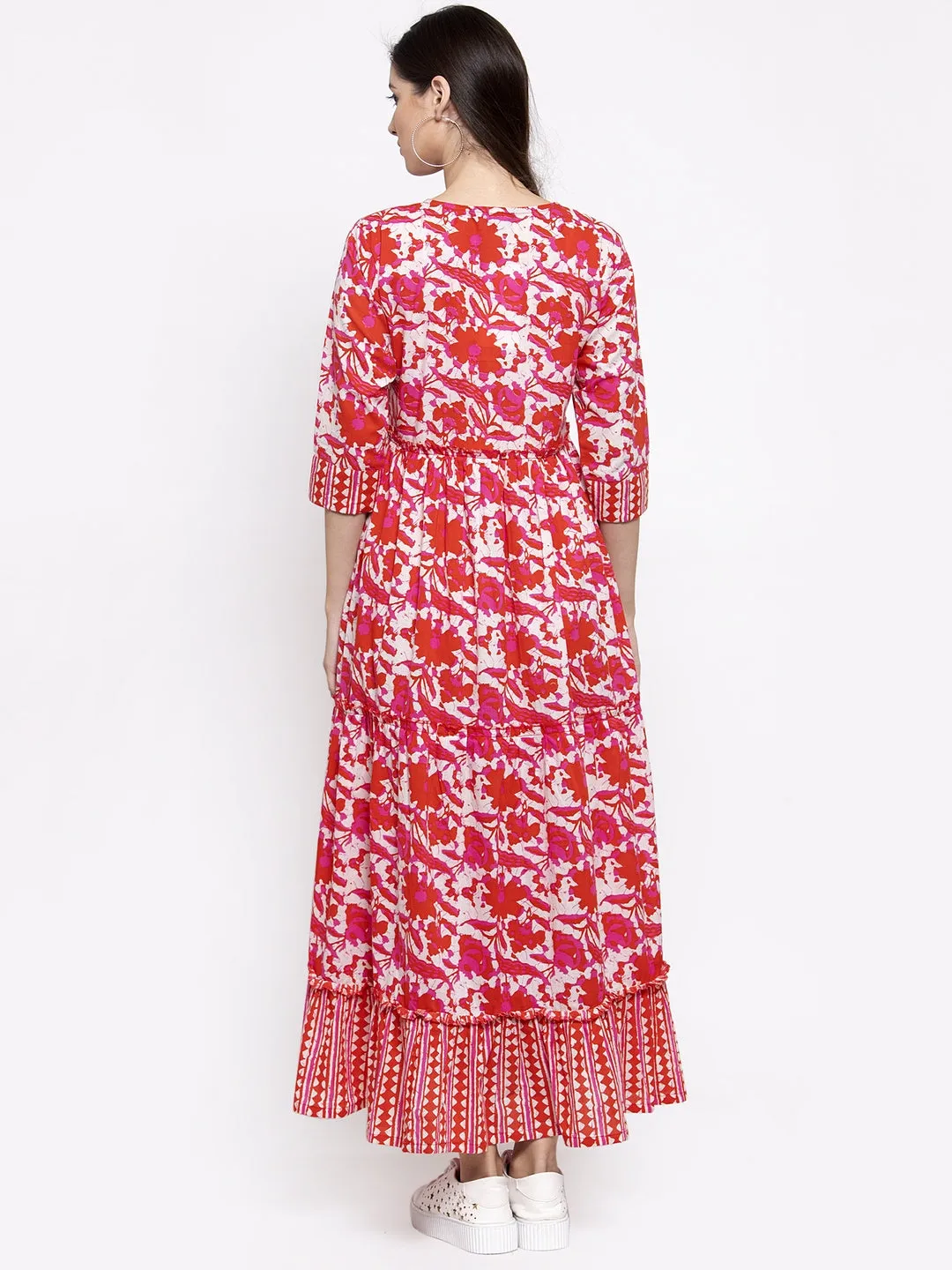 Indibelle cotton abstract print A-line Dress (Red)