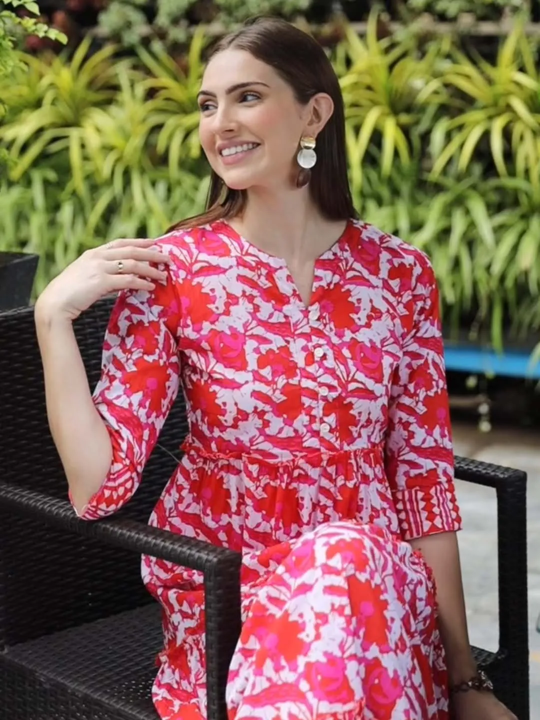 Indibelle cotton abstract print A-line Dress (Red)