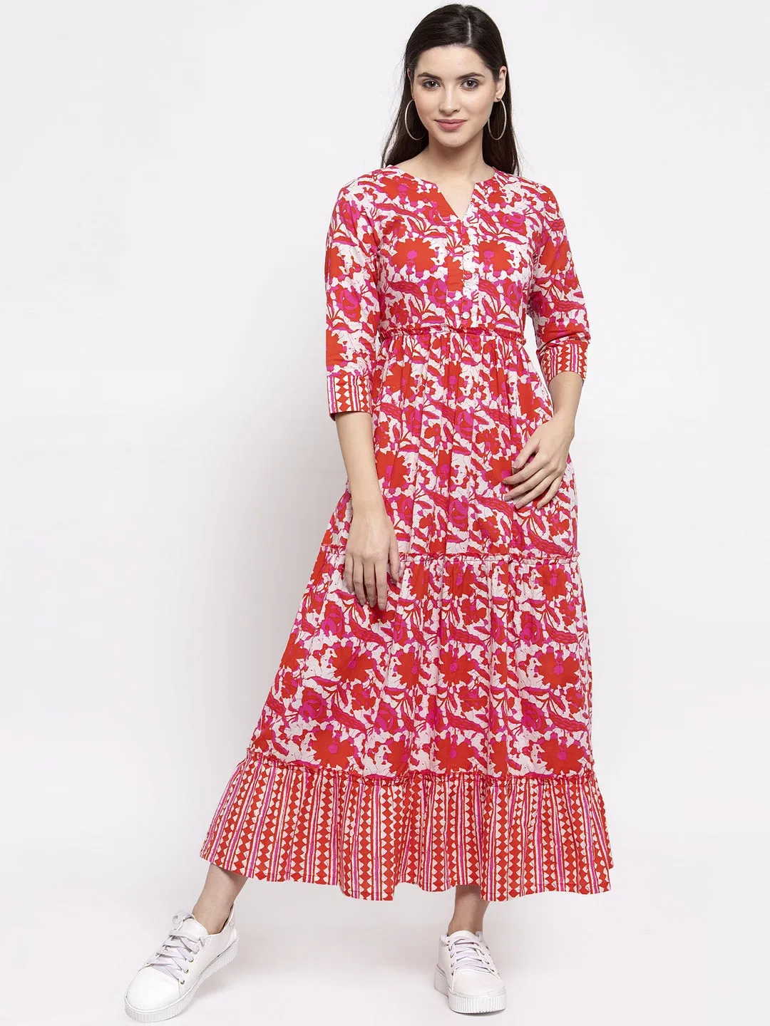 Indibelle cotton abstract print A-line Dress (Red)
