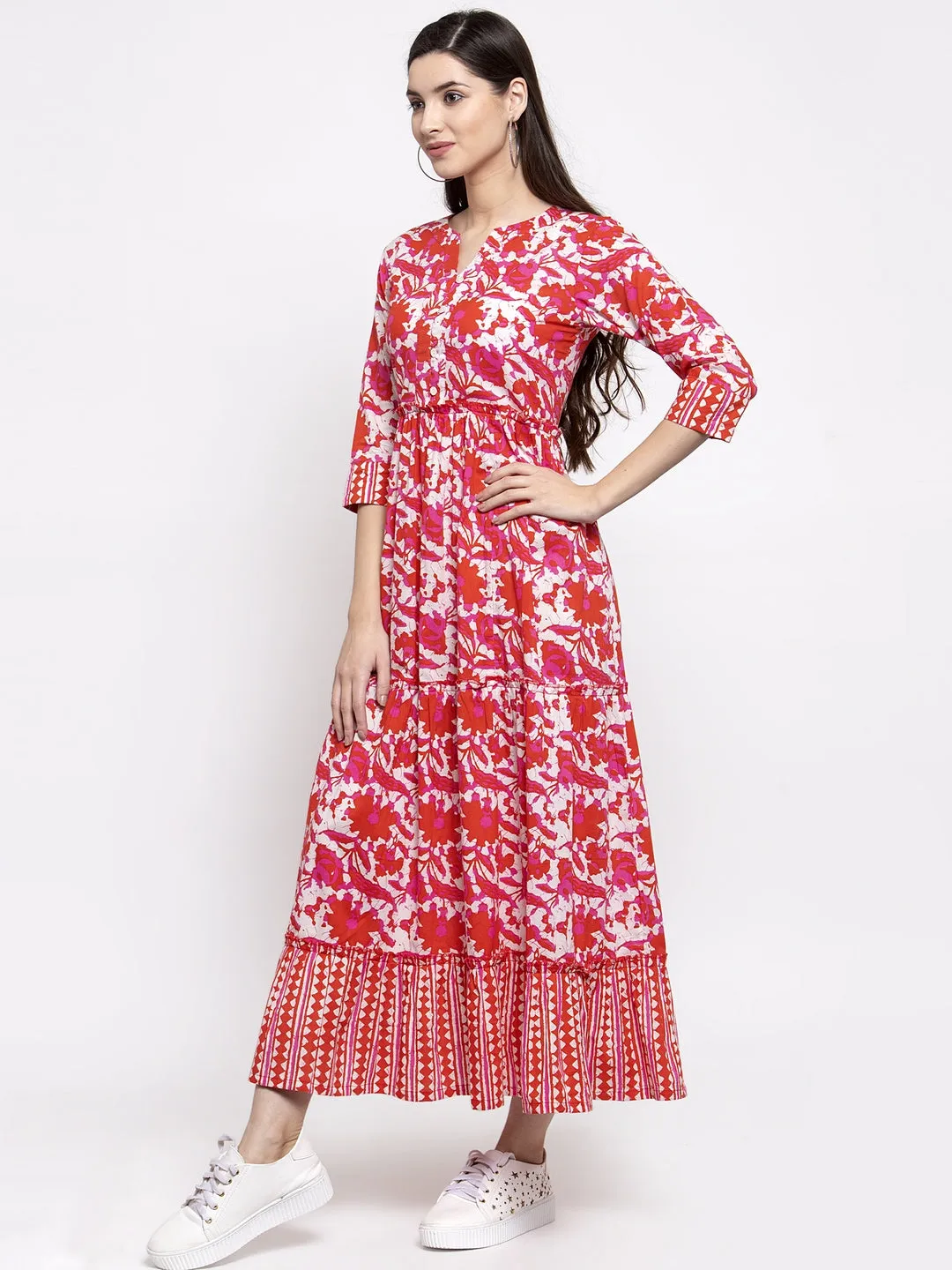 Indibelle cotton abstract print A-line Dress (Red)