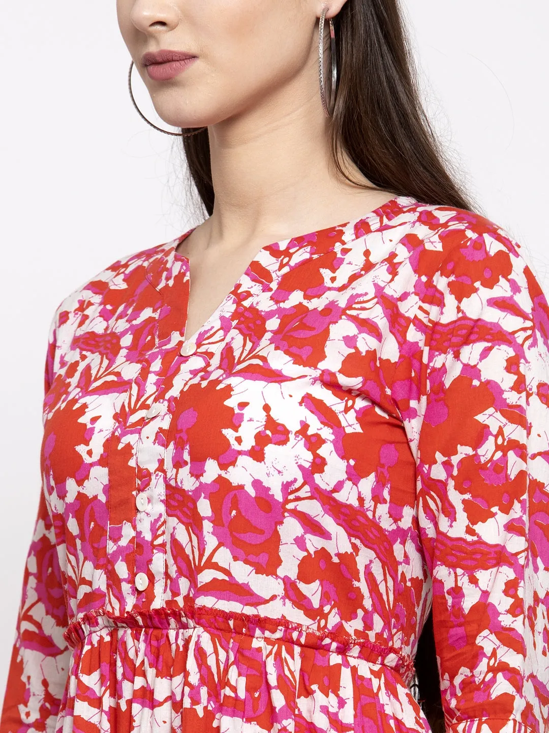 Indibelle cotton abstract print A-line Dress (Red)