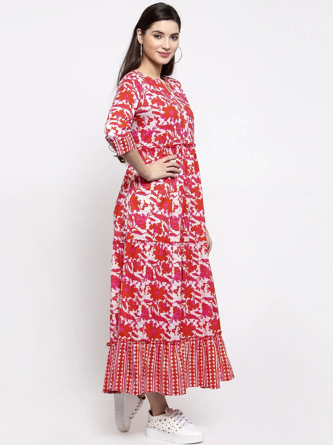 Indibelle cotton abstract print A-line Dress (Red)