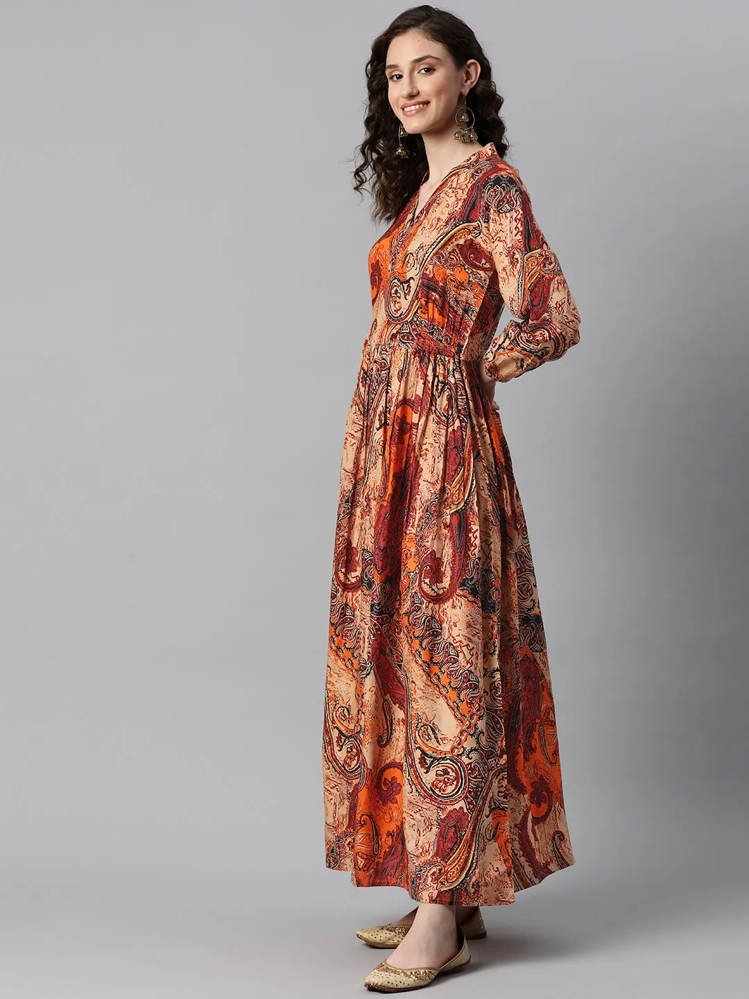 Indibelle Rayon Paisley Print A-Line Dress (Orange)