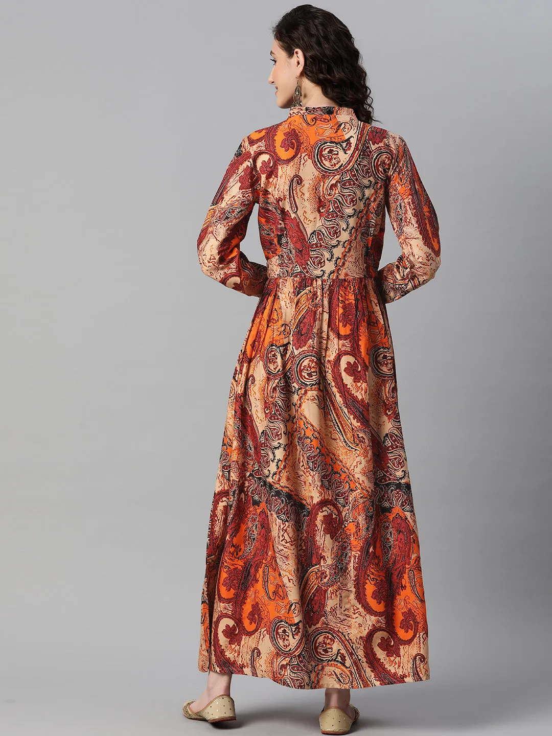 Indibelle Rayon Paisley Print A-Line Dress (Orange)