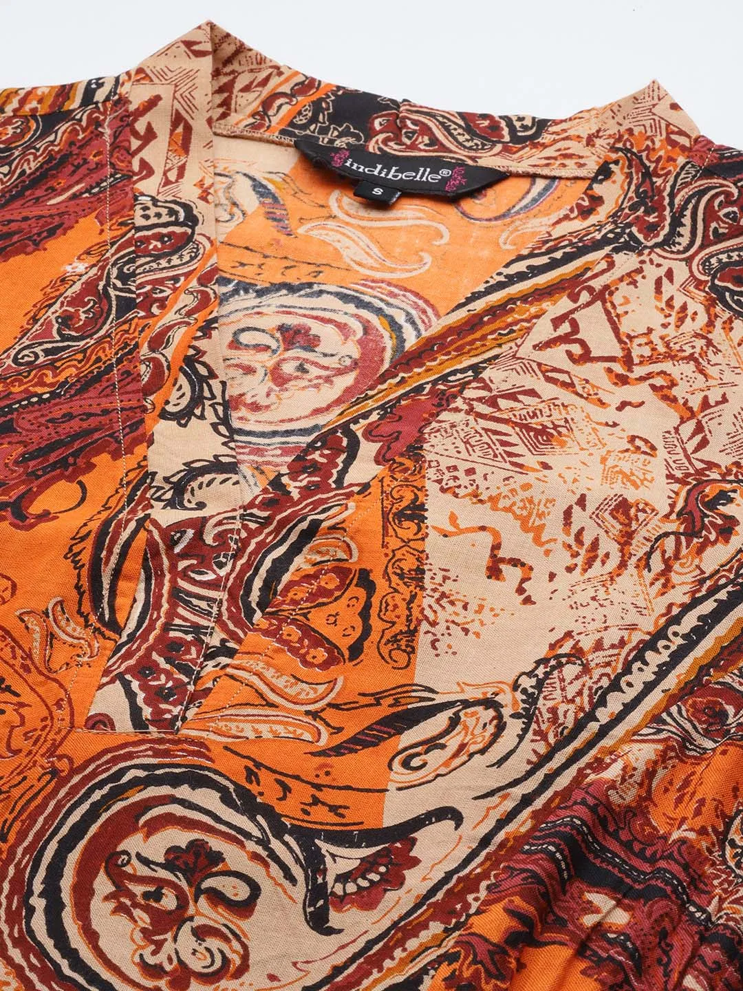 Indibelle Rayon Paisley Print A-Line Dress (Orange)