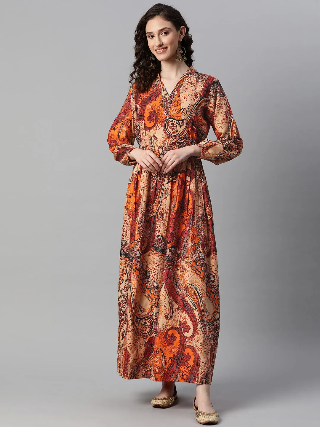 Indibelle Rayon Paisley Print A-Line Dress (Orange)
