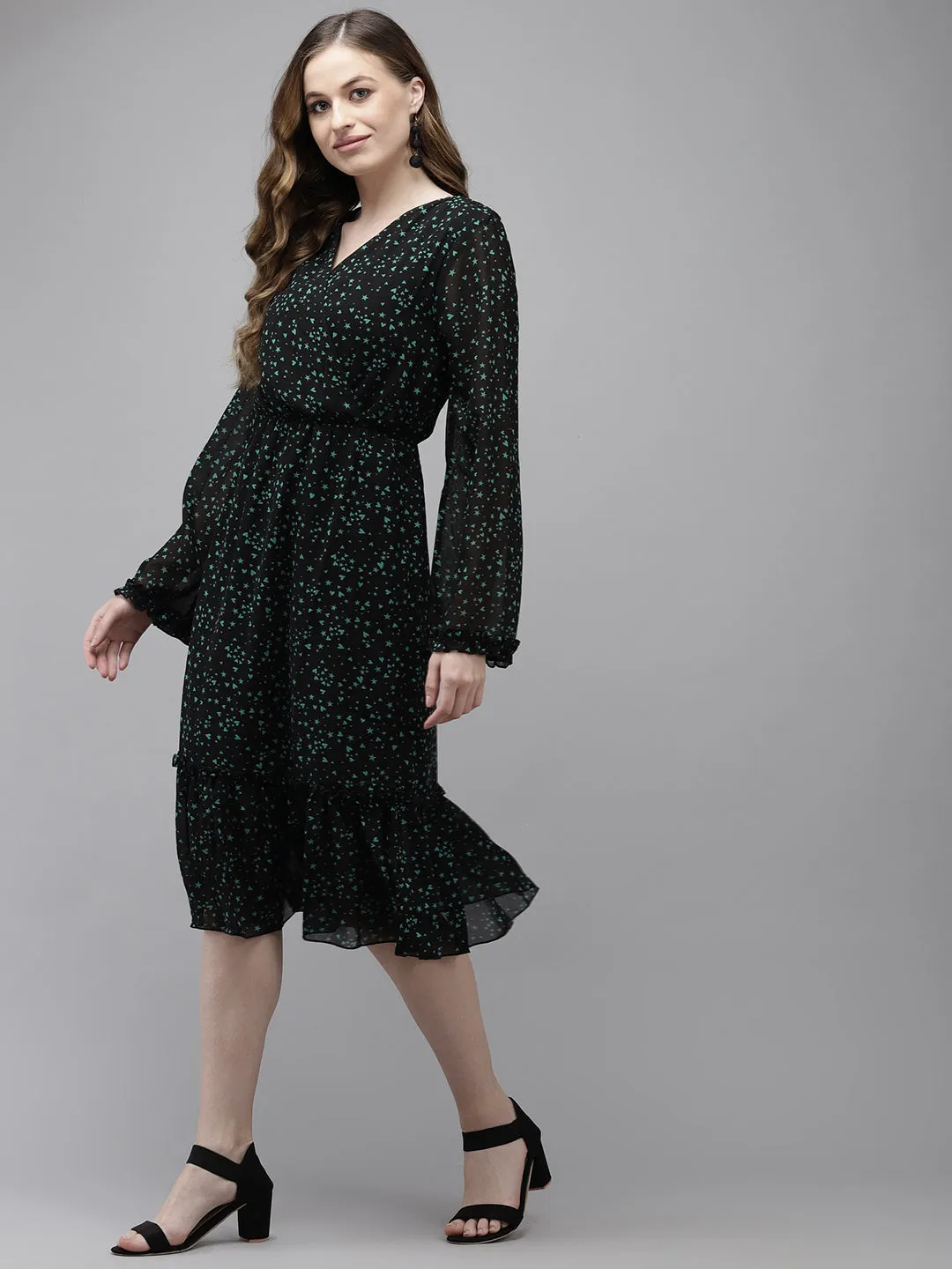 Ishin Women's Black & Green Wrap Tiered Dress