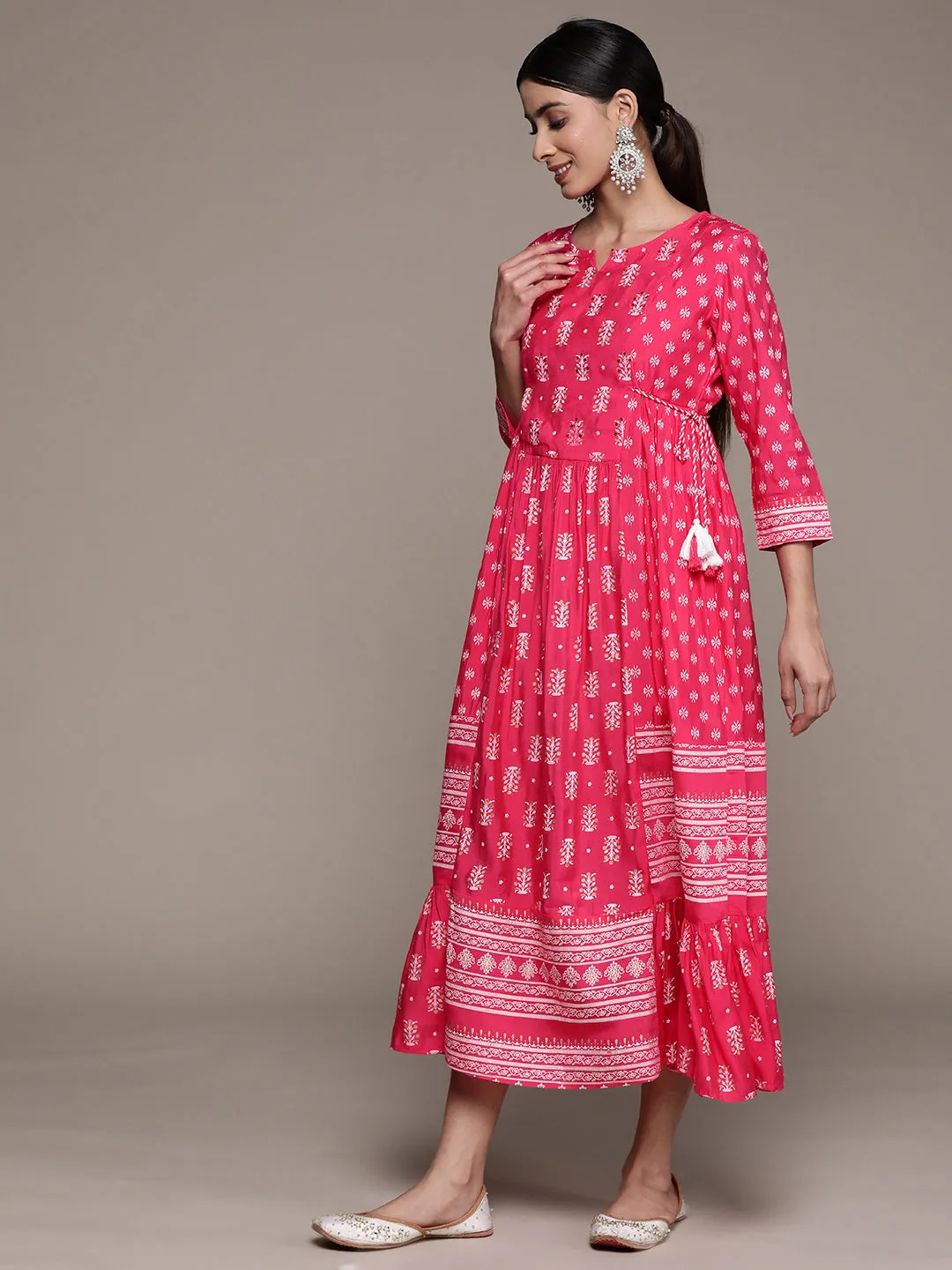 Ishin Women's Silk Blend Pink Embellished Anarkali Dress