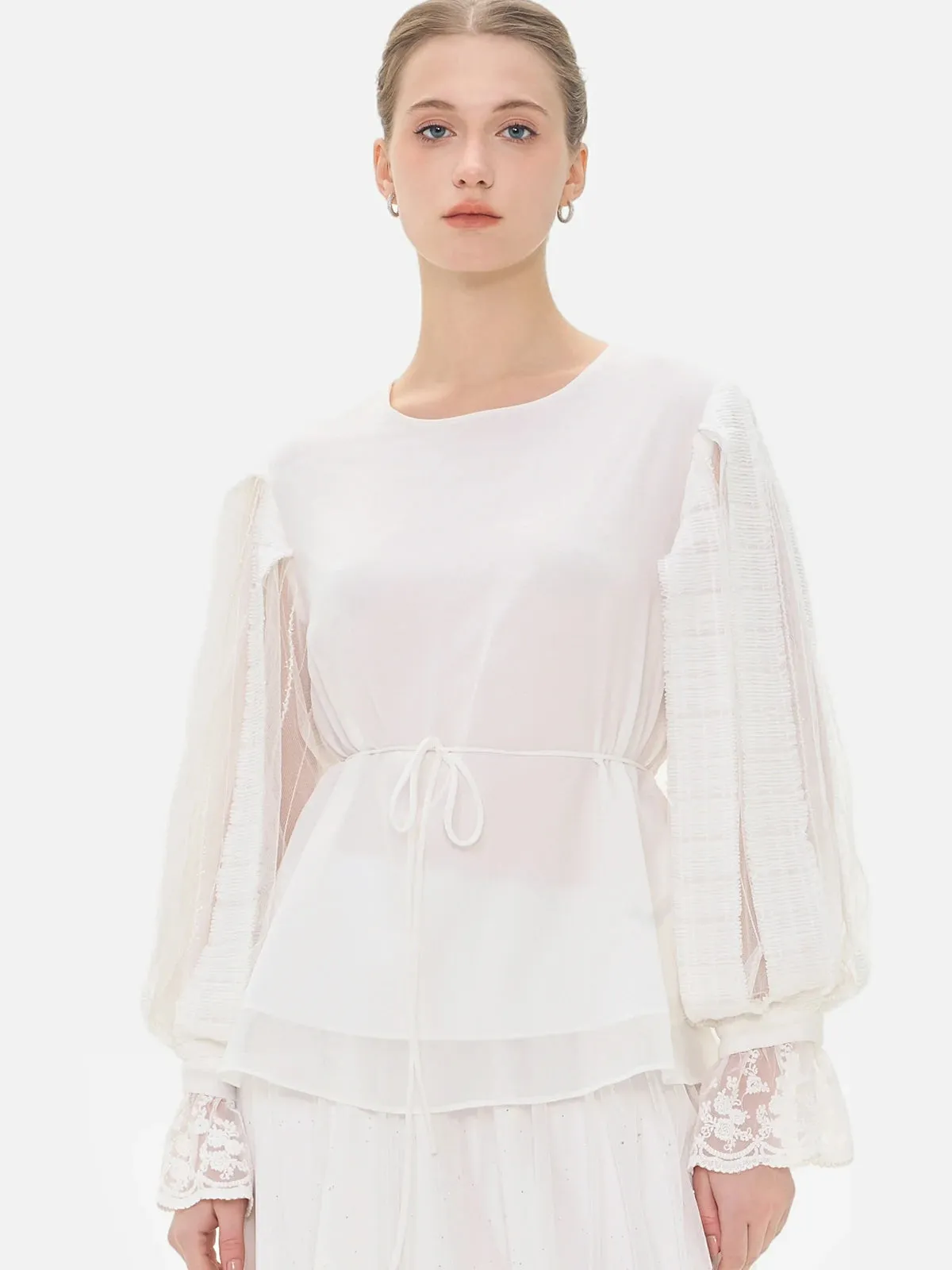 Lace Flare Sleeve Tie Waist Blouse