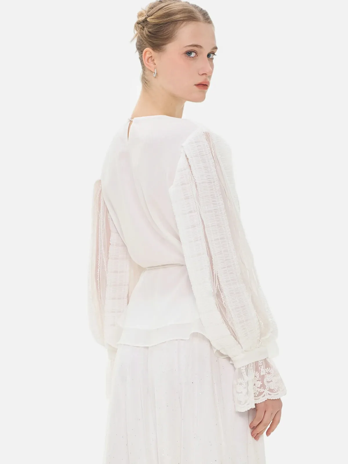 Lace Flare Sleeve Tie Waist Blouse