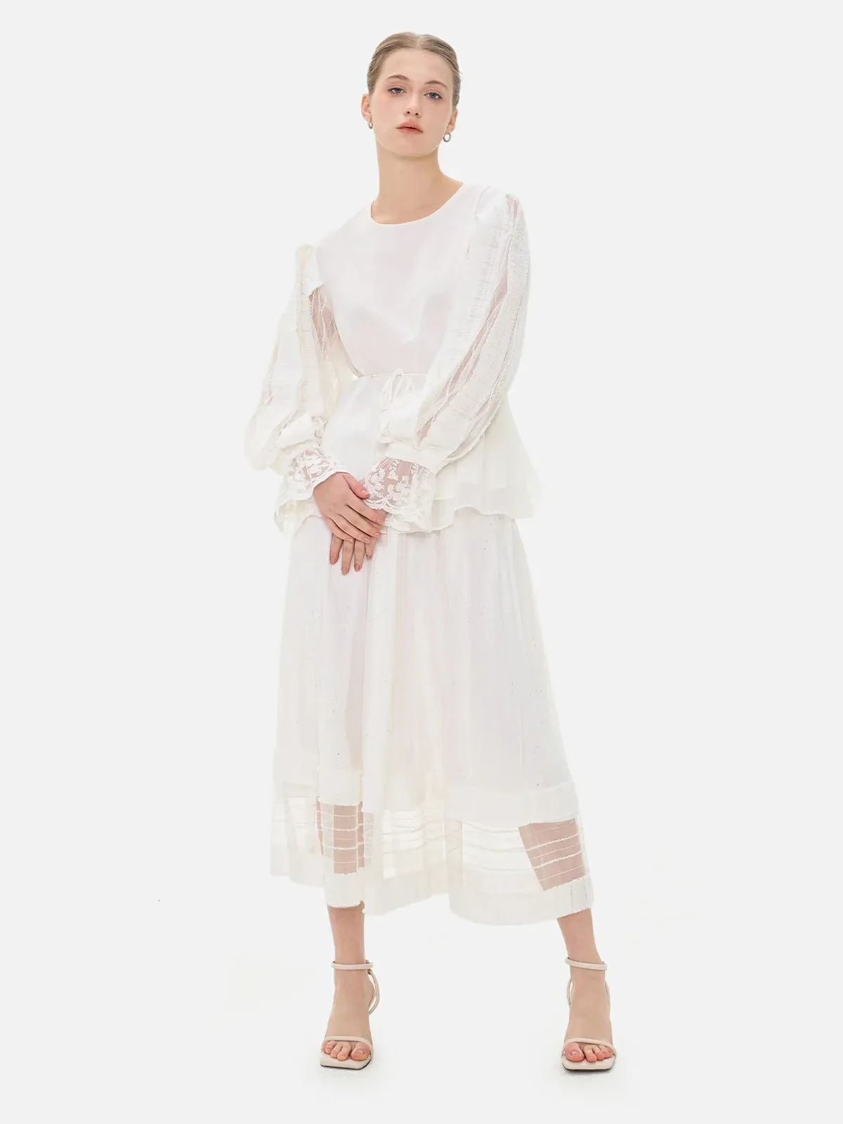 Lace Flare Sleeve Tie Waist Blouse