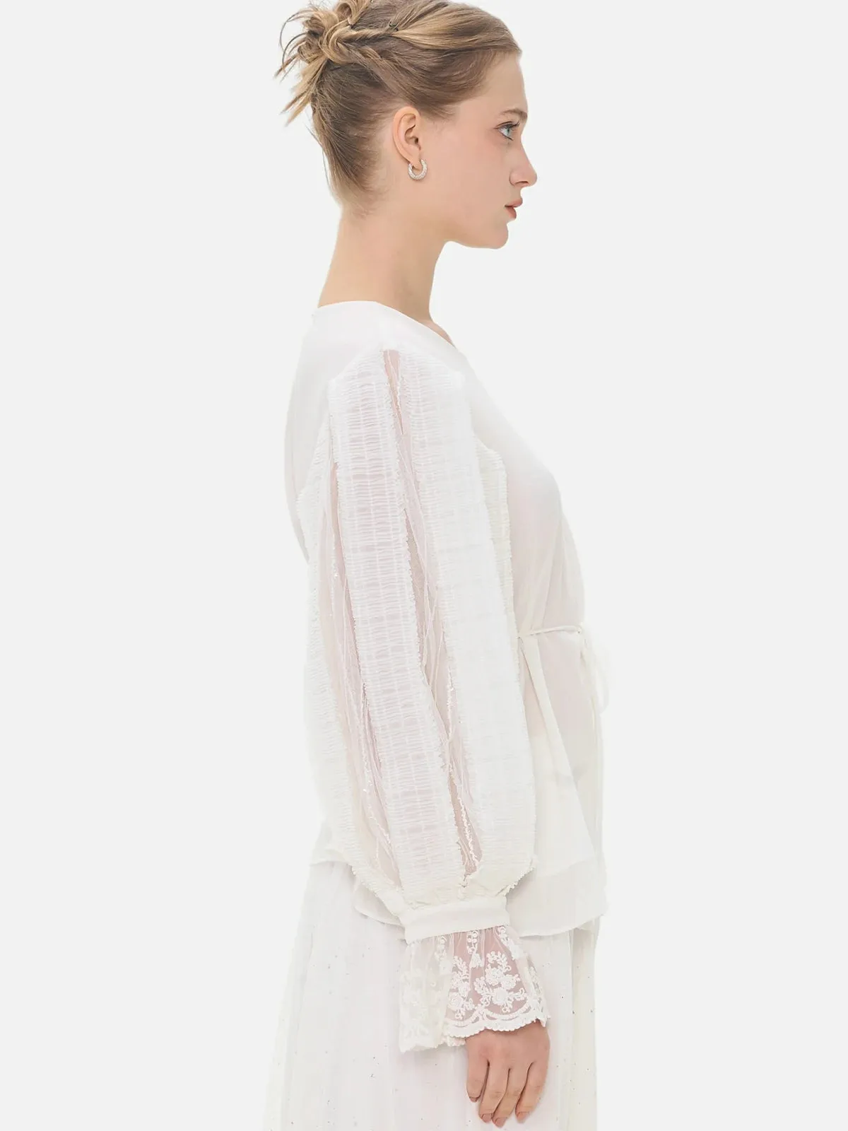 Lace Flare Sleeve Tie Waist Blouse
