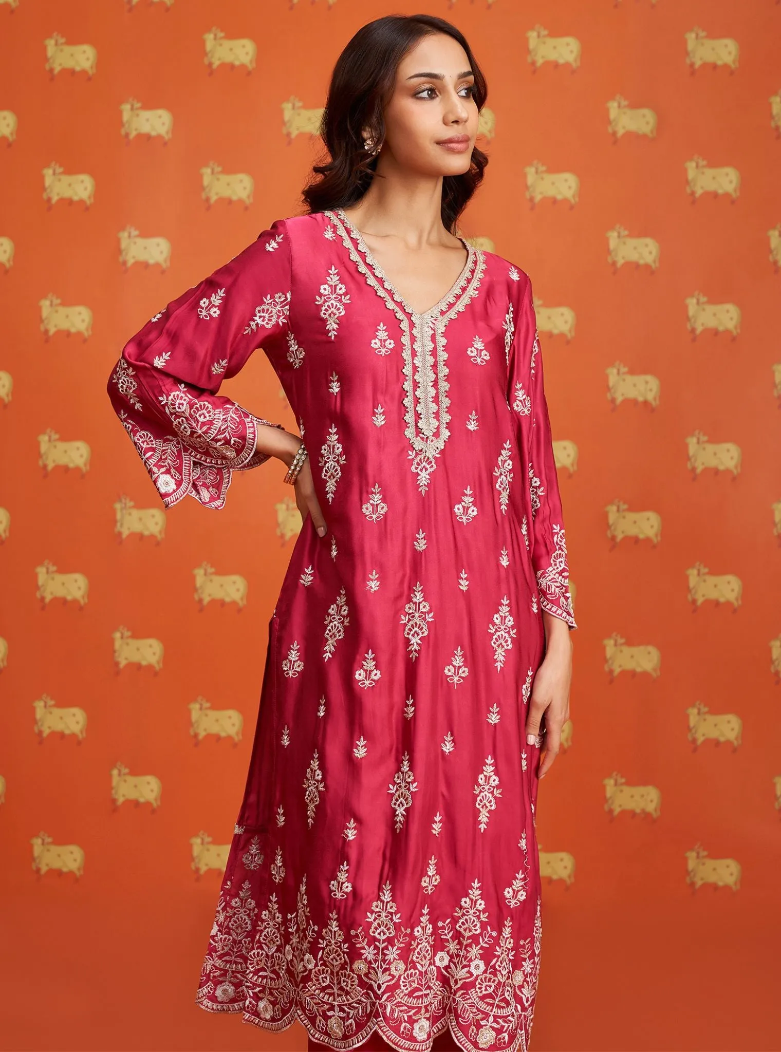Mulmul Cupro Satin Emon Fuschia Kurta With Mulmul Cupro Satin Emon Fuschia Pant
