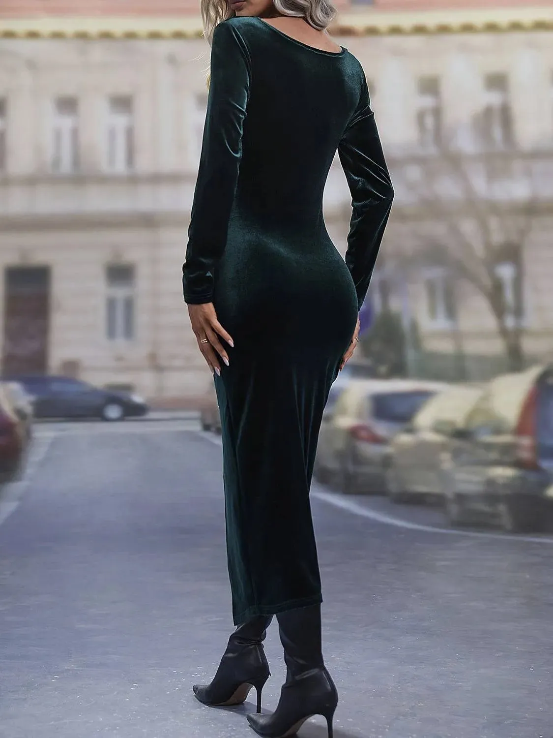 Ruched Slit Long Sleeve Dress