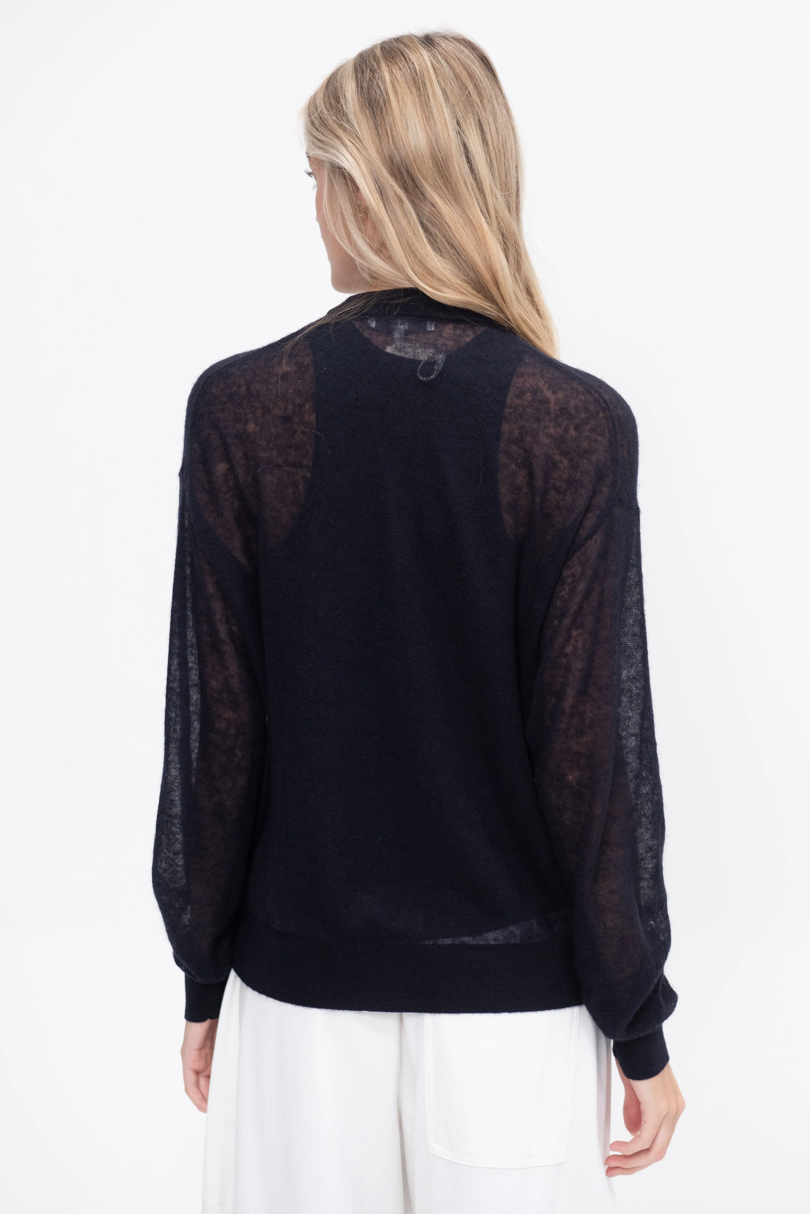 Sheer Sweater Crewneck Easy Pullover, Dark Navy