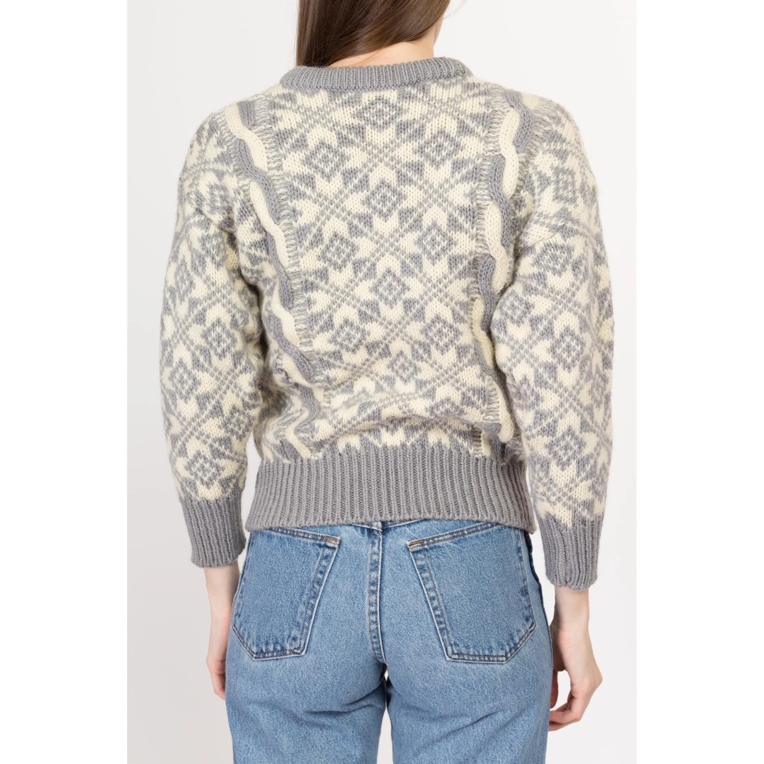 XS 80s Grey & Cream Fair Isle Wool Cable Knit Sweater