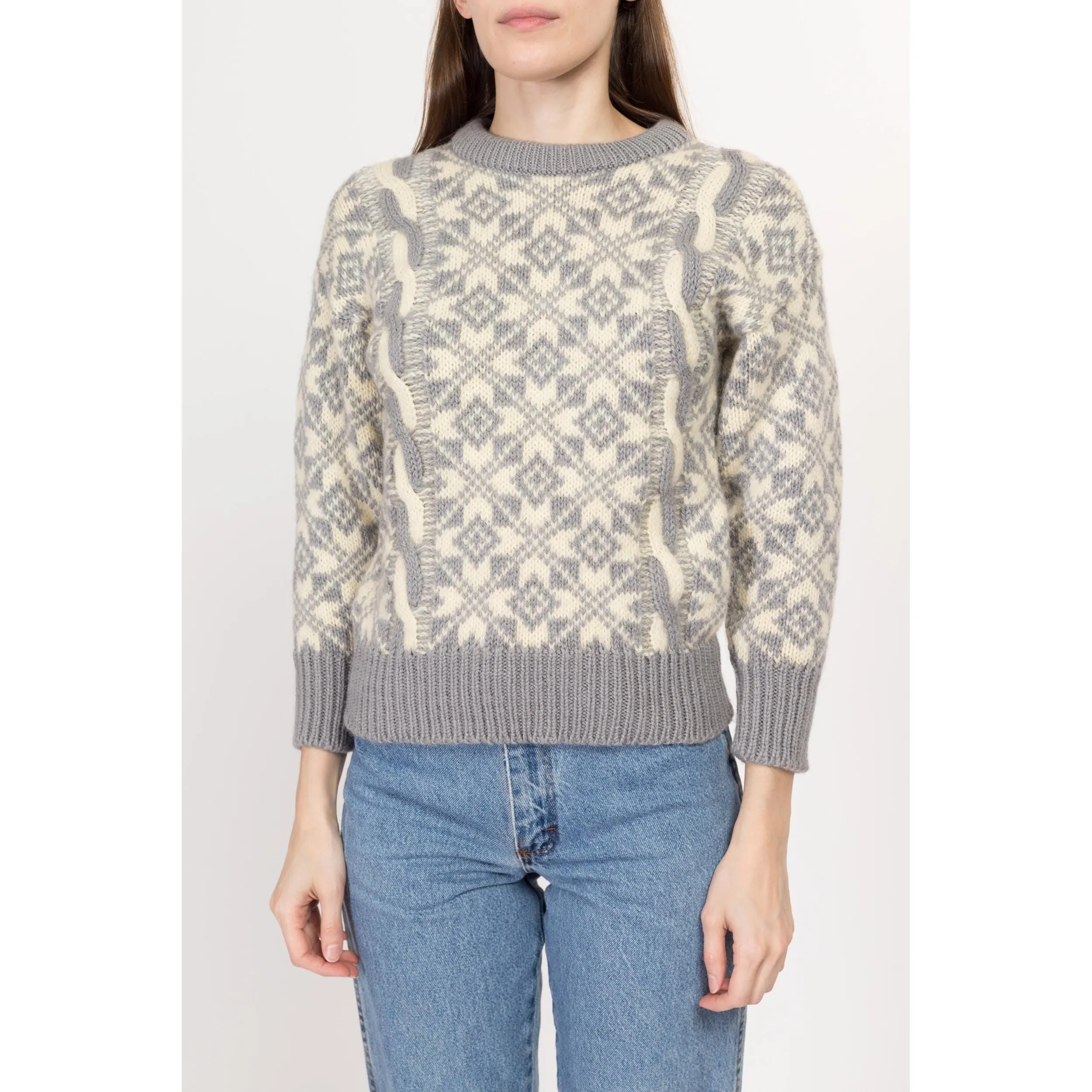 XS 80s Grey & Cream Fair Isle Wool Cable Knit Sweater