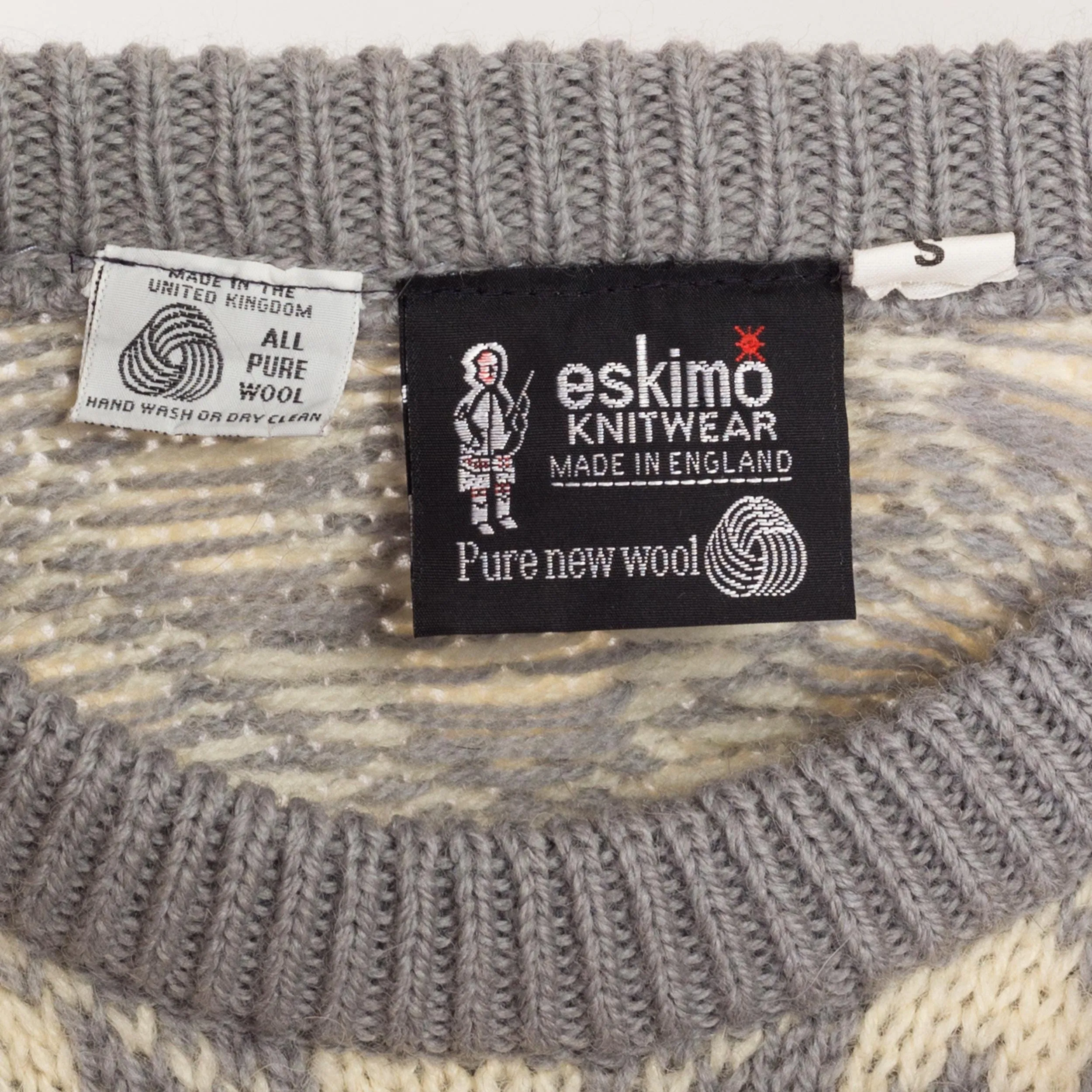 XS 80s Grey & Cream Fair Isle Wool Cable Knit Sweater