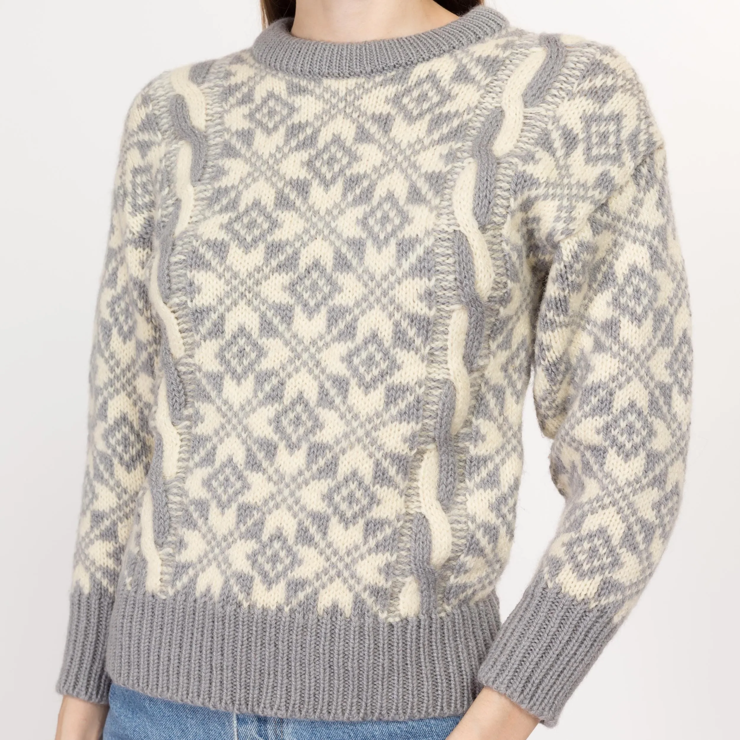 XS 80s Grey & Cream Fair Isle Wool Cable Knit Sweater