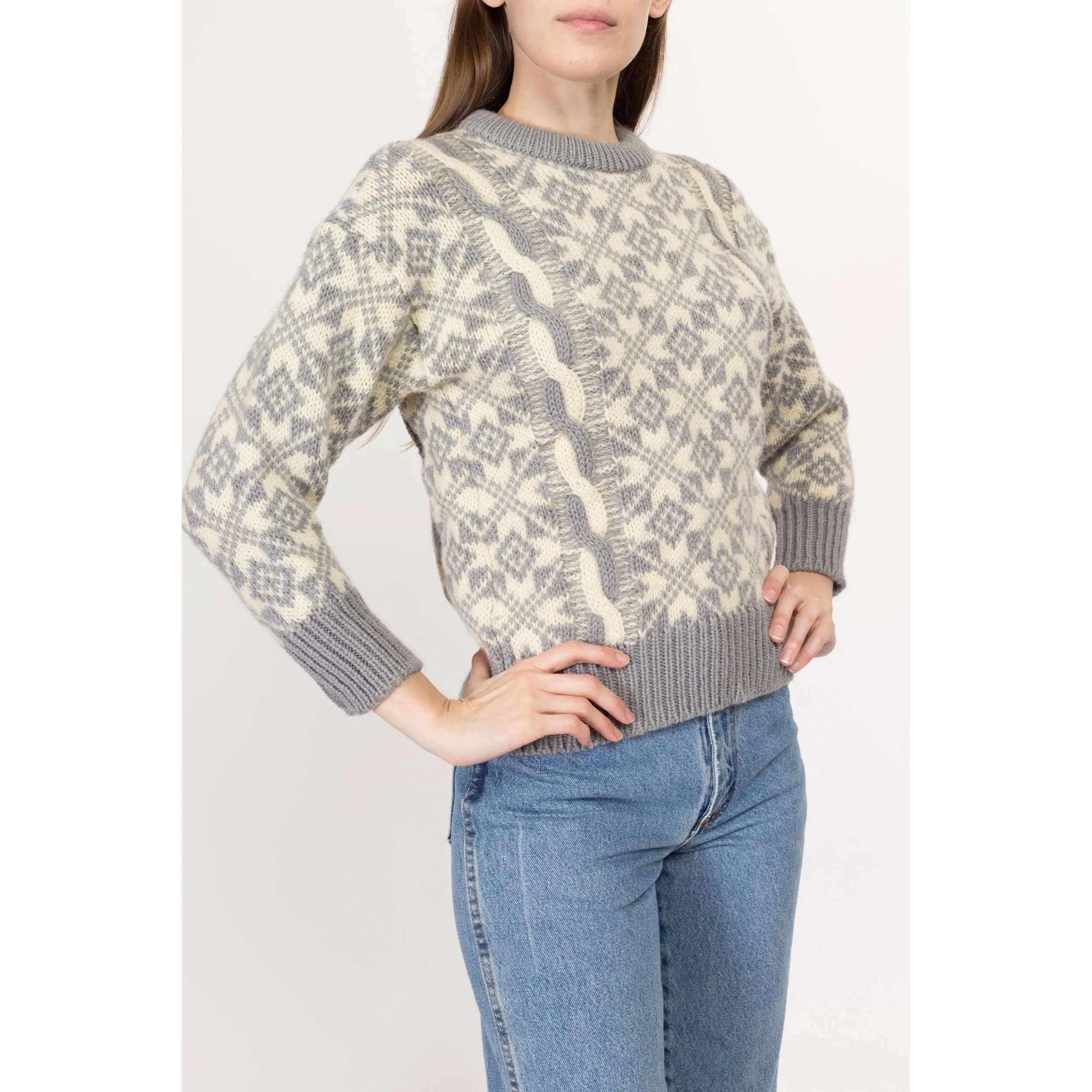 XS 80s Grey & Cream Fair Isle Wool Cable Knit Sweater