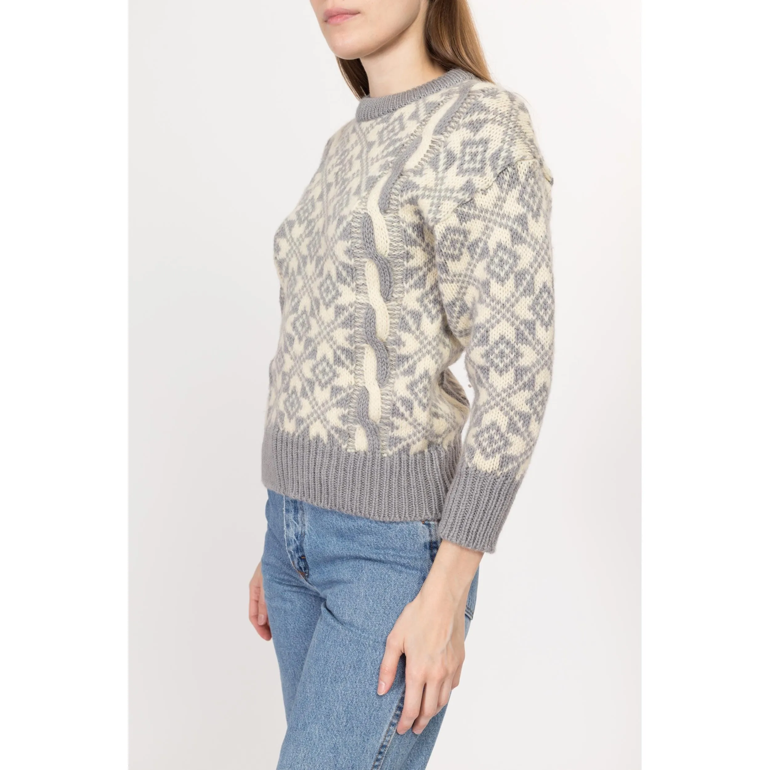 XS 80s Grey & Cream Fair Isle Wool Cable Knit Sweater